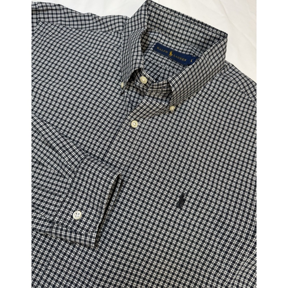 Ralph Lauren 100% Cotton Black & White Plaid Check Long-Sleeved Shirt‎ Mens L